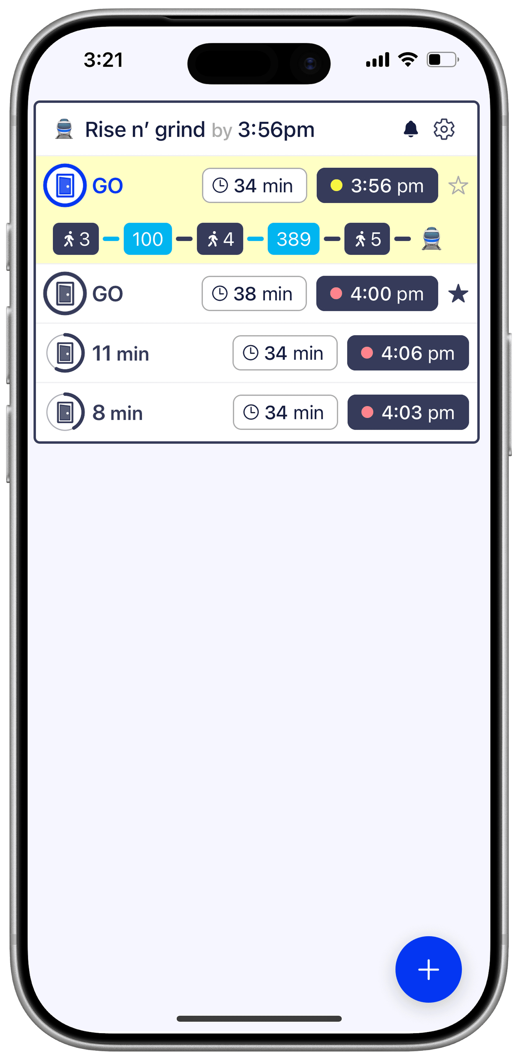 Trip card showing the GO moment with live countdown ring and route legs